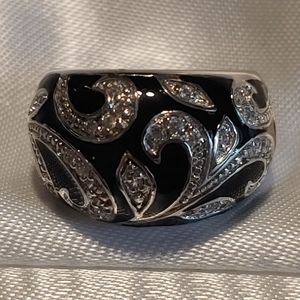 Vintage 80's black enamel and clear cz dome ring